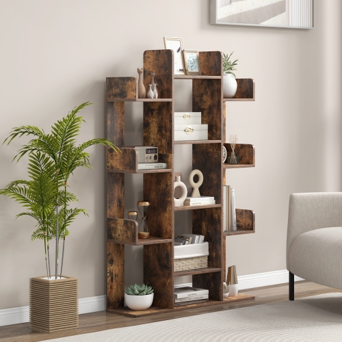 Costway 2 PCS Bookshelf Tree-Shaped Bookcase with 13 Storage Shelf Rustic Industrial Style Rustic Brown