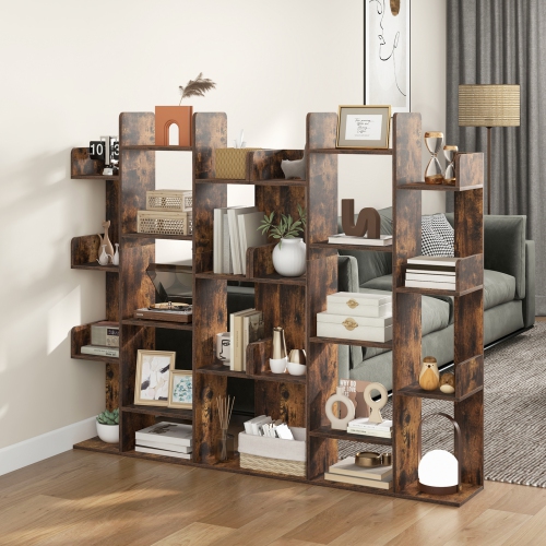 Costway 2 PCS Bookshelf Tree-Shaped Bookcase with 13 Storage Shelf Rustic Industrial Style Rustic Brown