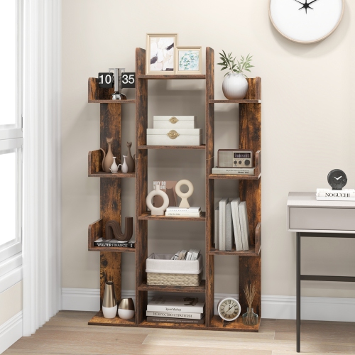 Costway 2 PCS Bookshelf Tree-Shaped Bookcase with 13 Storage Shelf Rustic Industrial Style Rustic Brown