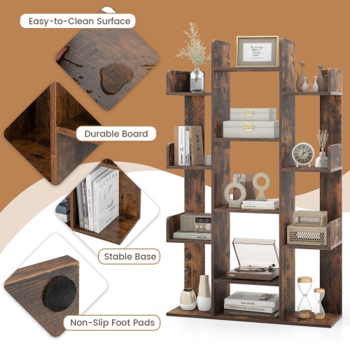 Costway 2 PCS Bookshelf Tree-Shaped Bookcase with 13 Storage Shelf Rustic Industrial Style Rustic Brown