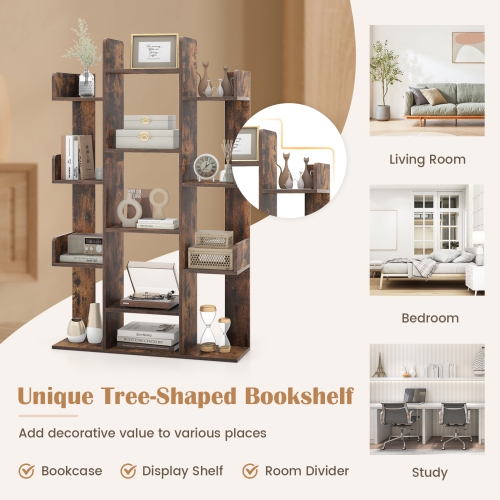 Costway 2 PCS Bookshelf Tree-Shaped Bookcase with 13 Storage Shelf Rustic Industrial Style Rustic Brown
