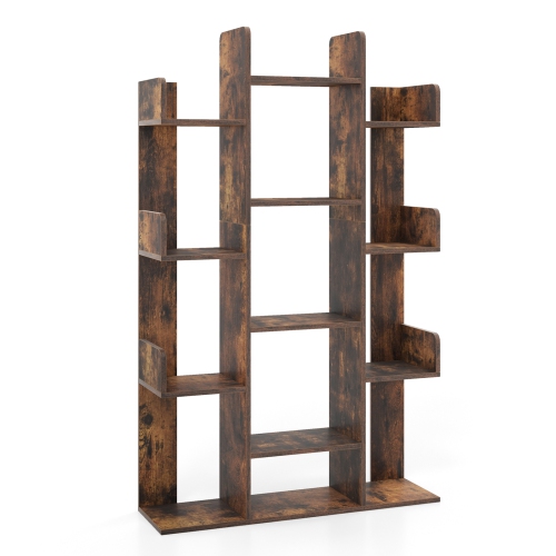 Costway 2 PCS Bookshelf Tree-Shaped Bookcase with 13 Storage Shelf Rustic Industrial Style Rustic Brown