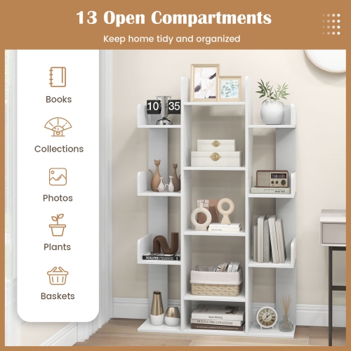 Costway 2 PCS Bookshelf Tree-Shaped Bookcase with 13 Storage Shelf Rustic Industrial Style White