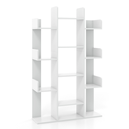 Costway 2 PCS Bookshelf Tree-Shaped Bookcase with 13 Storage Shelf Rustic Industrial Style White