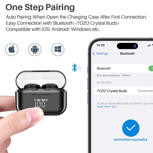 TOZO T18 Bluetooth 5,3 Écouteurs bouton stéréo sans fil autonomes IPX8 Casque d'écoute étanche à réduction des bruits d'appel avec affichage