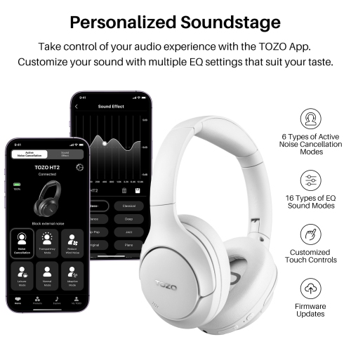 TOZO HT2 Hybrid Active Noise Cancelling Headphones, Wireless Over Ear Bluetooth Headphones, 60H Playtime, Hi-Res Audio Custom EQ via App Deep Bass