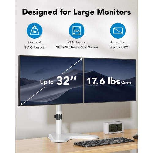 Dual Monitor Stand for 2 Screens up to 32 inch, Free Standing Monitor Desk Mount Holds 17.6lbs per Arm, Fully Adjustable Monitor Arm with Tilt,
