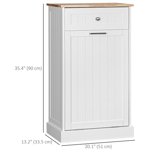 HOMCOM Tilt Out Trash Cabinet, Hidden Garbage Bin Cabinet with Drawer and Solid Wood Countertop, Free Standing Kitchen Trash Can Holder, White