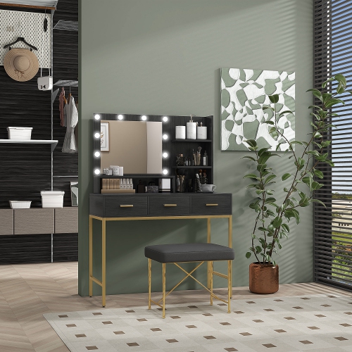 HOMCOM Vanity Desk with Mirror and Lights, Makeup Vanity with 3 Drawers, Open Shelves and 10 LED Bulbs, Dressing Table for Bedroom, Black