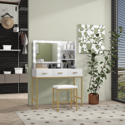 Meuble-lavabo de HOMCOM avec miroir et lampes, meuble-lavabo à maquillage à 3 tiroirs, tablettes ouvertes et 10 ampoules LED, table à langer pour