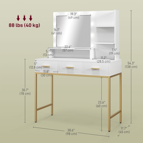 Meuble-lavabo de HOMCOM avec miroir et lampes, meuble-lavabo à maquillage à 3 tiroirs, tablettes ouvertes et 10 ampoules LED, table à langer pour
