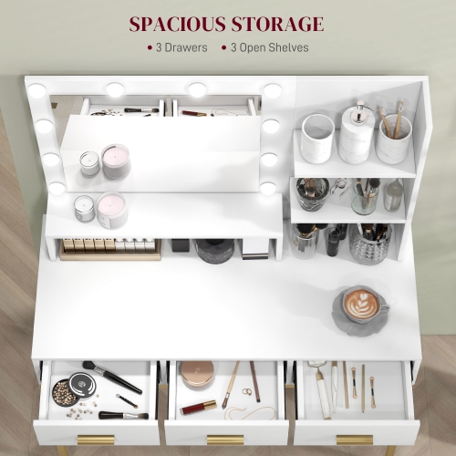 Meuble-lavabo de HOMCOM avec miroir et lampes, meuble-lavabo à maquillage à 3 tiroirs, tablettes ouvertes et 10 ampoules LED, table à langer pour