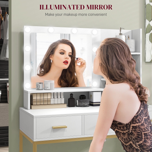 Meuble-lavabo de HOMCOM avec miroir et lampes, meuble-lavabo à maquillage à 3 tiroirs, tablettes ouvertes et 10 ampoules LED, table à langer pour