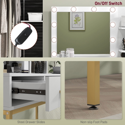 Meuble-lavabo de HOMCOM avec miroir et lampes, meuble-lavabo à maquillage à 3 tiroirs, tablettes ouvertes et 10 ampoules LED, table à langer pour