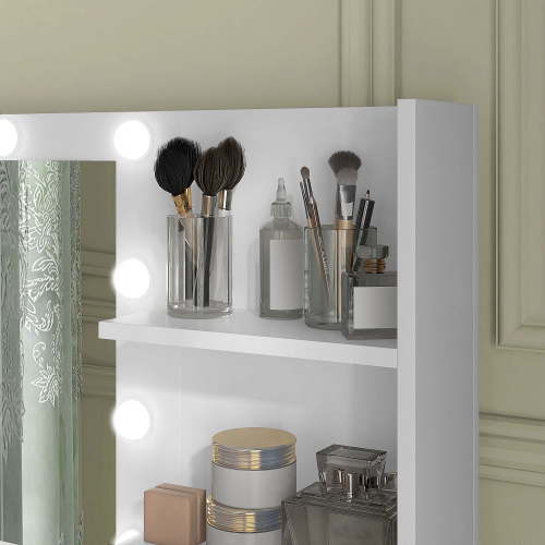 Meuble-lavabo de HOMCOM avec miroir et lampes, meuble-lavabo à maquillage à 3 tiroirs, tablettes ouvertes et 10 ampoules LED, table à langer pour
