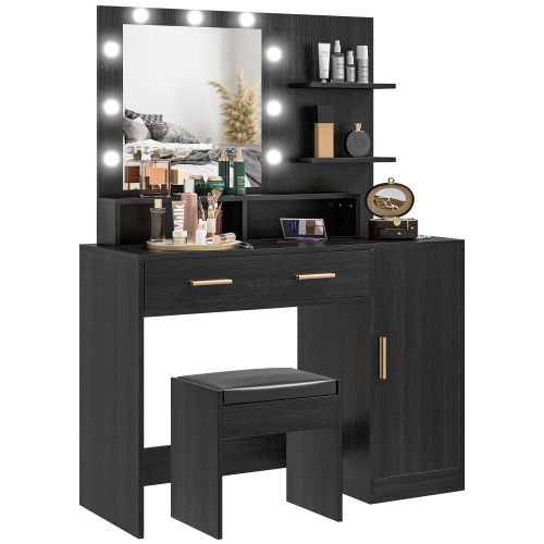 HOMCOM Vanity Desk with Mirror and Lights, Makeup Vanity Set with 10 LED Bulbs, Dressing Table with Stool, Drawer, Cabinet and 3 Open Shelves for Bed