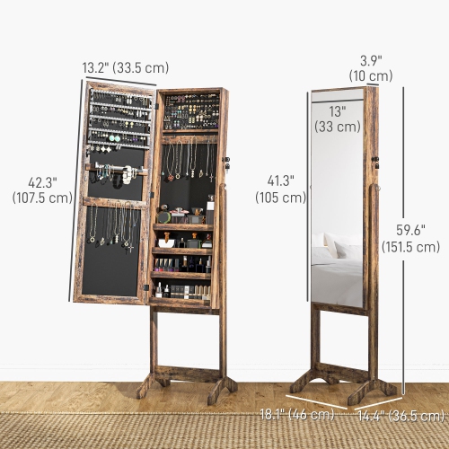 HOMCOM Mirror Jewelry Cabinet Armoire, Lockable Jewelry Organizer with Full-Length Mirror, 3 Angle Adjustable, Rustic Brown