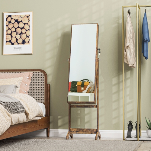 HOMCOM Mirror Jewelry Cabinet Armoire, Lockable Jewelry Organizer with Full-Length Mirror, 3 Angle Adjustable, Rustic Brown