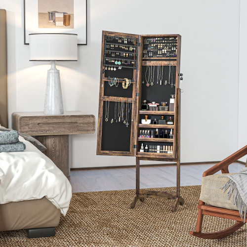 HOMCOM Mirror Jewelry Cabinet Armoire, Lockable Jewelry Organizer with Full-Length Mirror, 3 Angle Adjustable, Rustic Brown
