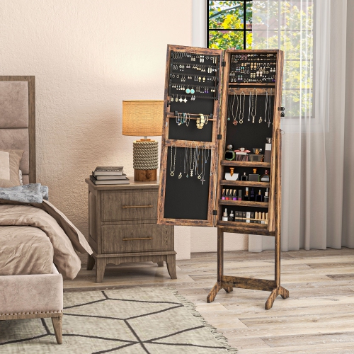 HOMCOM Mirror Jewelry Cabinet Armoire, Lockable Jewelry Organizer with Full-Length Mirror, 3 Angle Adjustable, Rustic Brown