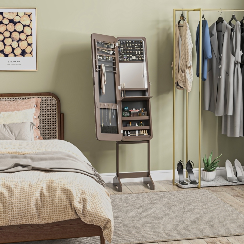 HOMCOM Freestanding Mirror Jewelry Cabinet Armoire, LED Lighted Jewelry Organizer with Stand, Angle Adjustable, Brown