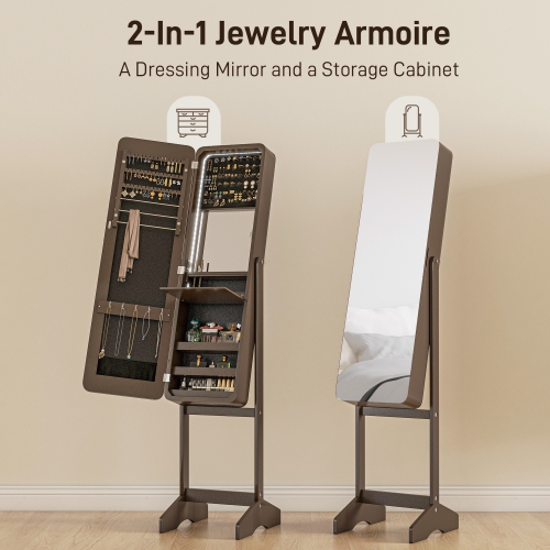 HOMCOM Freestanding Mirror Jewelry Cabinet Armoire, LED Lighted Jewelry Organizer with Stand, Angle Adjustable, Brown