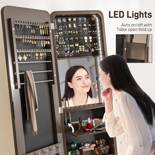 HOMCOM Freestanding Mirror Jewelry Cabinet Armoire, LED Lighted Jewelry Organizer with Stand, Angle Adjustable, Brown
