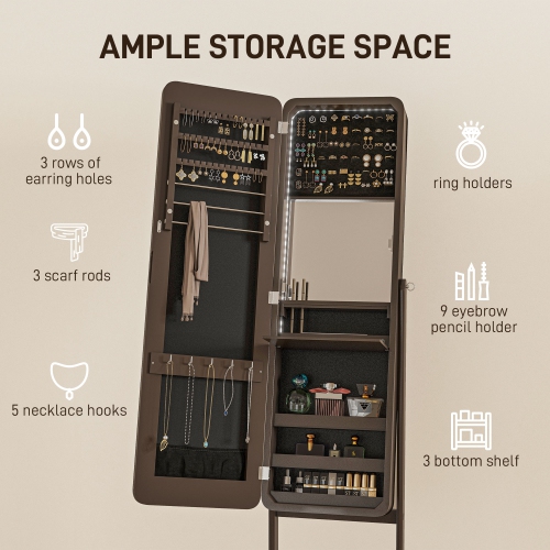 HOMCOM Freestanding Mirror Jewelry Cabinet Armoire, LED Lighted Jewelry Organizer with Stand, Angle Adjustable, Brown