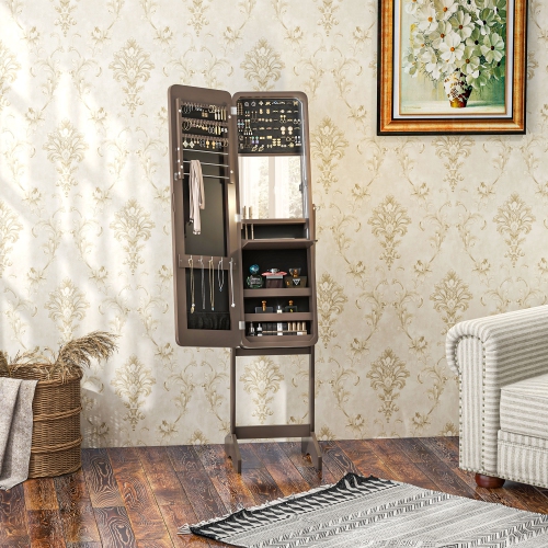 HOMCOM Freestanding Mirror Jewelry Cabinet Armoire, LED Lighted Jewelry Organizer with Stand, Angle Adjustable, Brown