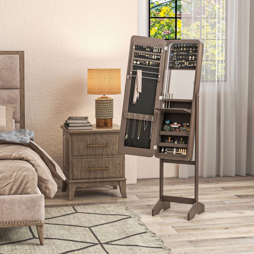 HOMCOM Freestanding Mirror Jewelry Cabinet Armoire, LED Lighted Jewelry Organizer with Stand, Angle Adjustable, Brown