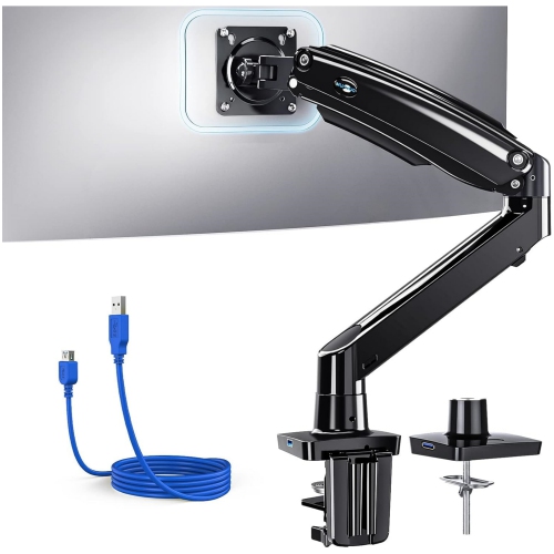 Single Monitor Arm Holds 26.48 lbs, Ultrawide Computer Monitor Stand for 35 inch Screens, Upgraded Adjustable Monitor Mount with USB, C-Clamp &