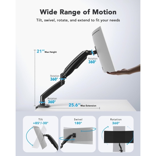 Single Monitor Arm Holds 26.48 lbs, Ultrawide Computer Monitor Stand for 35 inch Screens, Upgraded Adjustable Monitor Mount with USB, C-Clamp &