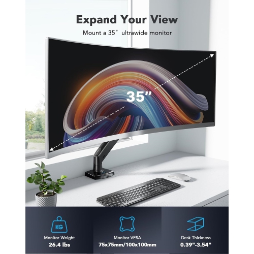 Single Monitor Arm Holds 26.48 lbs, Ultrawide Computer Monitor Stand for 35 inch Screens, Upgraded Adjustable Monitor Mount with USB, C-Clamp &