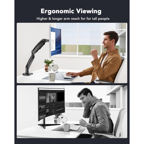 Single Monitor Arm Holds 26.48 lbs, Ultrawide Computer Monitor Stand for 35 inch Screens, Upgraded Adjustable Monitor Mount with USB, C-Clamp &