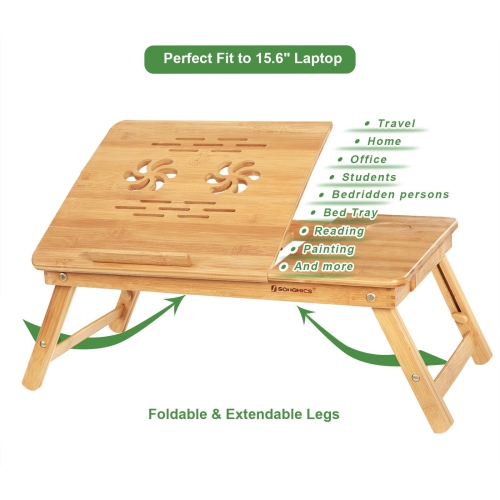 SONGMICS Bamboo Laptop Desk Serving Bed Tray Breakfast Table Tilting Top with Drawer ULLD001