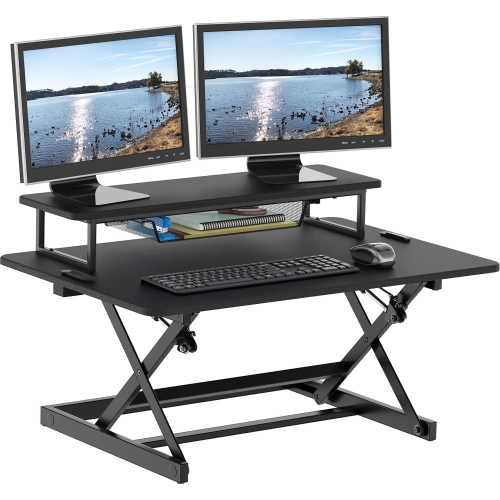 SHW  Standing Desk Converter 36-Inch Pneumatic Height Adjustable With Monitor Riser In Black