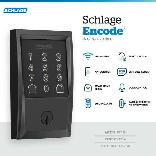 SCHLAGE Encode Smart WiFi Deadbolt with Century Trim in Matte Black