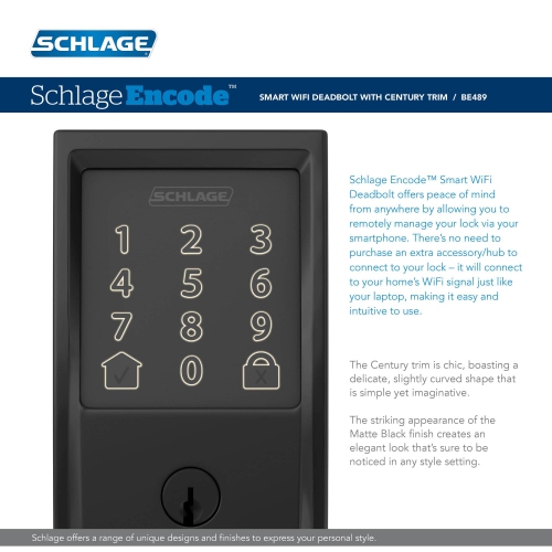 SCHLAGE Encode Smart WiFi Deadbolt with Century Trim in Matte Black