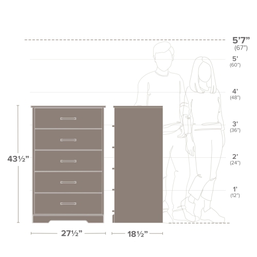 Prepac – Commode pour chambre à coucher, commode à 5 tiroirs, 18,5 prof. X 27,5 larg. X 43,5 haut., blanc rustique