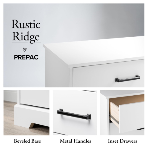 Prepac – Commode pour chambre à coucher, commode à 5 tiroirs, 18,5 prof. X 27,5 larg. X 43,5 haut., blanc rustique