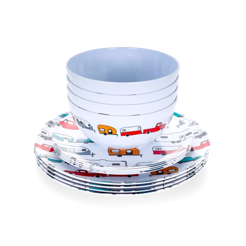 Camco Life is Better at The Campsite 12 Piece Dishware Set-Multicolor Retro RV and Trailer Print