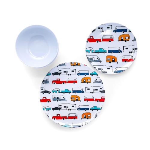 Camco Life is Better at The Campsite 12 Piece Dishware Set-Multicolor Retro RV and Trailer Print