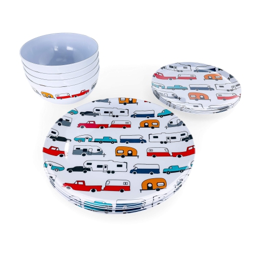 Camco Life is Better at The Campsite 12 Piece Dishware Set-Multicolor Retro RV and Trailer Print
