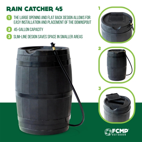FCMP Outdoor RC45-BLK Rain Barrel - Water Rain Catcher Barrel with Flat Back for Watering Outdoor Plants