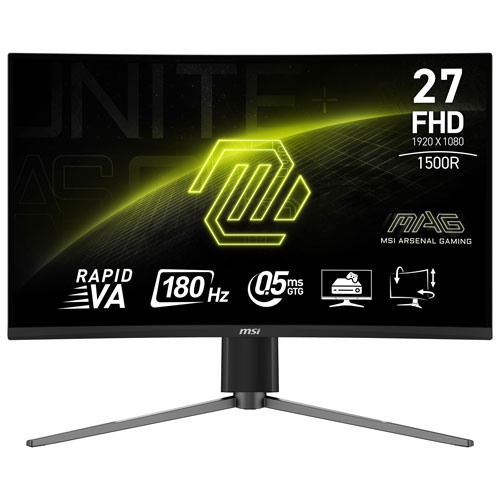 MSI 27" WQHD 180Hz 0.5ms Curved 1500R Rapid VA LED Gaming Monitor, Tilt, Swivel, Height adjustable, Adaptive Sync, VESA Mountable (MAG 27CQ6PF)