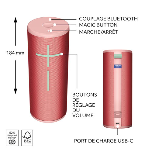 Haut-parleur sans fil Bluetooth étanche BOOM 4 d'Ultimate Ears - Rouge framboise