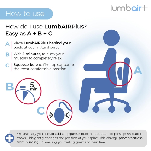 LumbAIR Plus Portable Backrest, Inflatable Lumbar Support Cushion with Adjustable Internal Air System, One Size Ergonomic for Office, Home, Car,