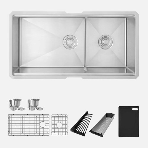 STYLISH Versa36 Undermount 36" Double-Bowl Workstation Kitchen Sink with black Accessories S-636WK