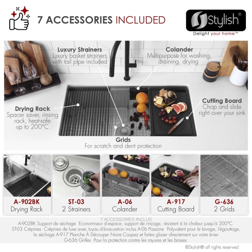 STYLISH Versa36 Undermount 36" Double-Bowl Workstation Kitchen Sink with black Accessories S-636WK