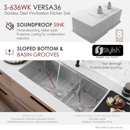 STYLISH Versa36 Undermount 36" Double-Bowl Workstation Kitchen Sink with black Accessories S-636WK
